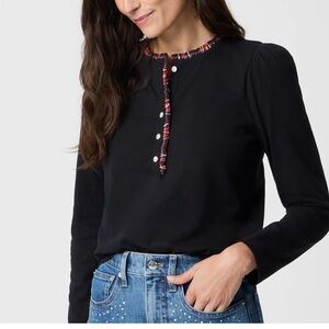 New J. Crew Factory Tartan With Jewel Henley Top 100% Cotton Sz Small